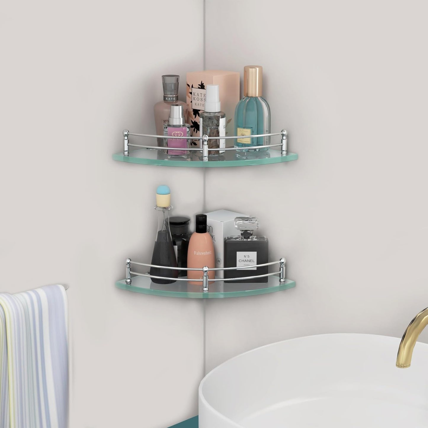 Planet Premium Corner Glass Shelf for Bathroom/Living Room Shelf/Corner Stand for Bathroom Racks & Shelves Wall Mounted Bathroom Accessories for Home Decor - Pack of 2 (9x9 Inch, Glossy)