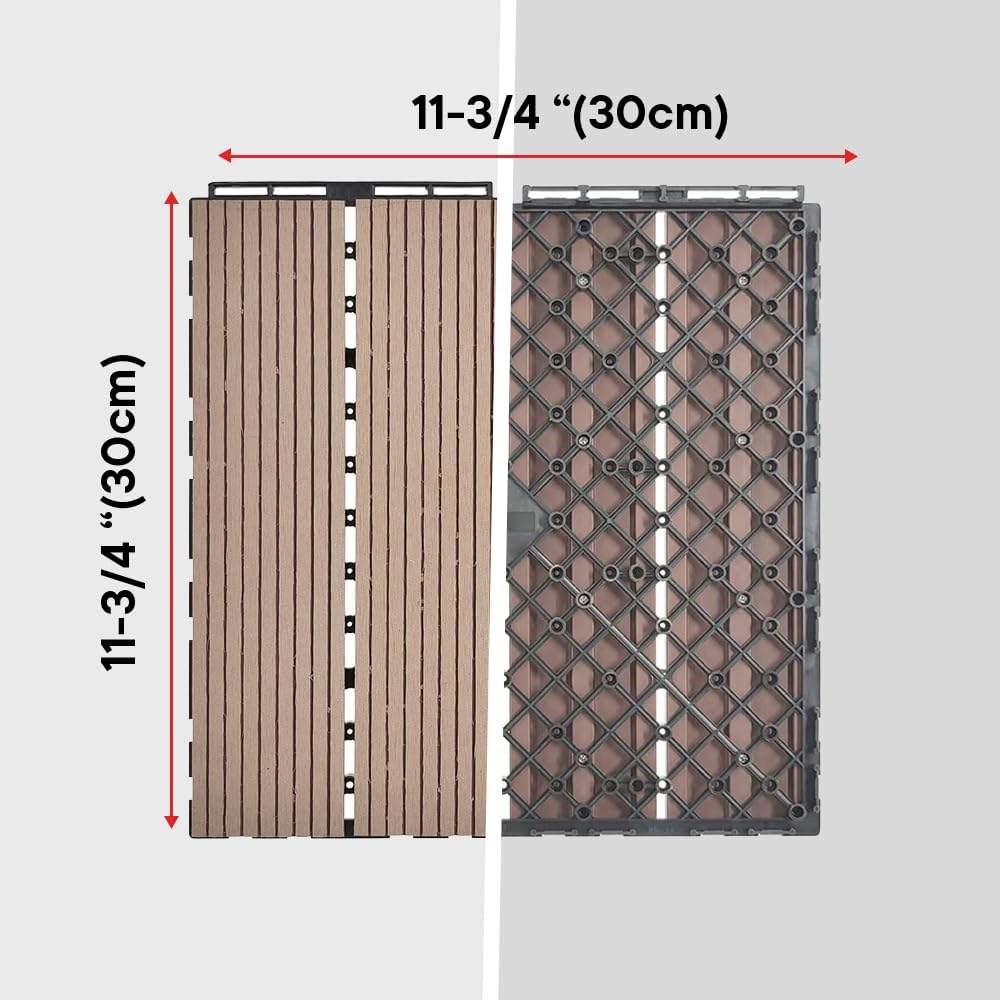Set of 12: Interlocking Wooden Floor Tiles - Weather & Water Resistant | 12" x 12" Deck Tiles | Brown