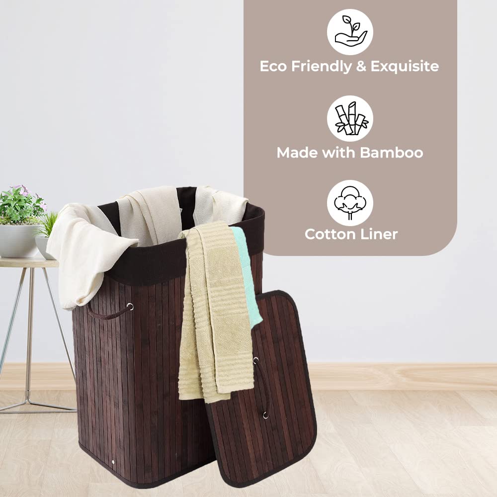 Pack of 2: Bamboo Laundry Baskets - Foldable, Durable Rope Handles | Removable Bag | Dark Brown