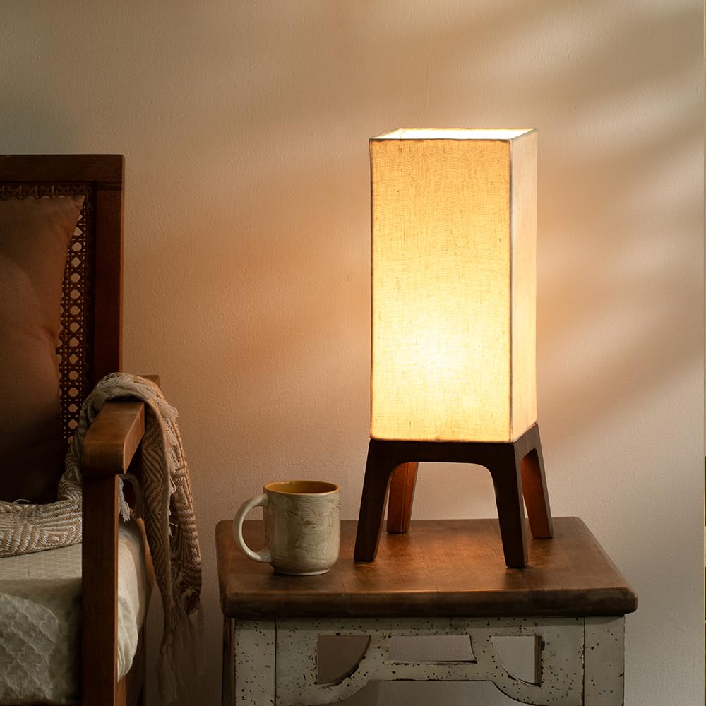 Wooden Table Lamp with Square Legs & Shade (Beige) | Decorative Night Light | 18 x 18 x 43 cm | Art Deco