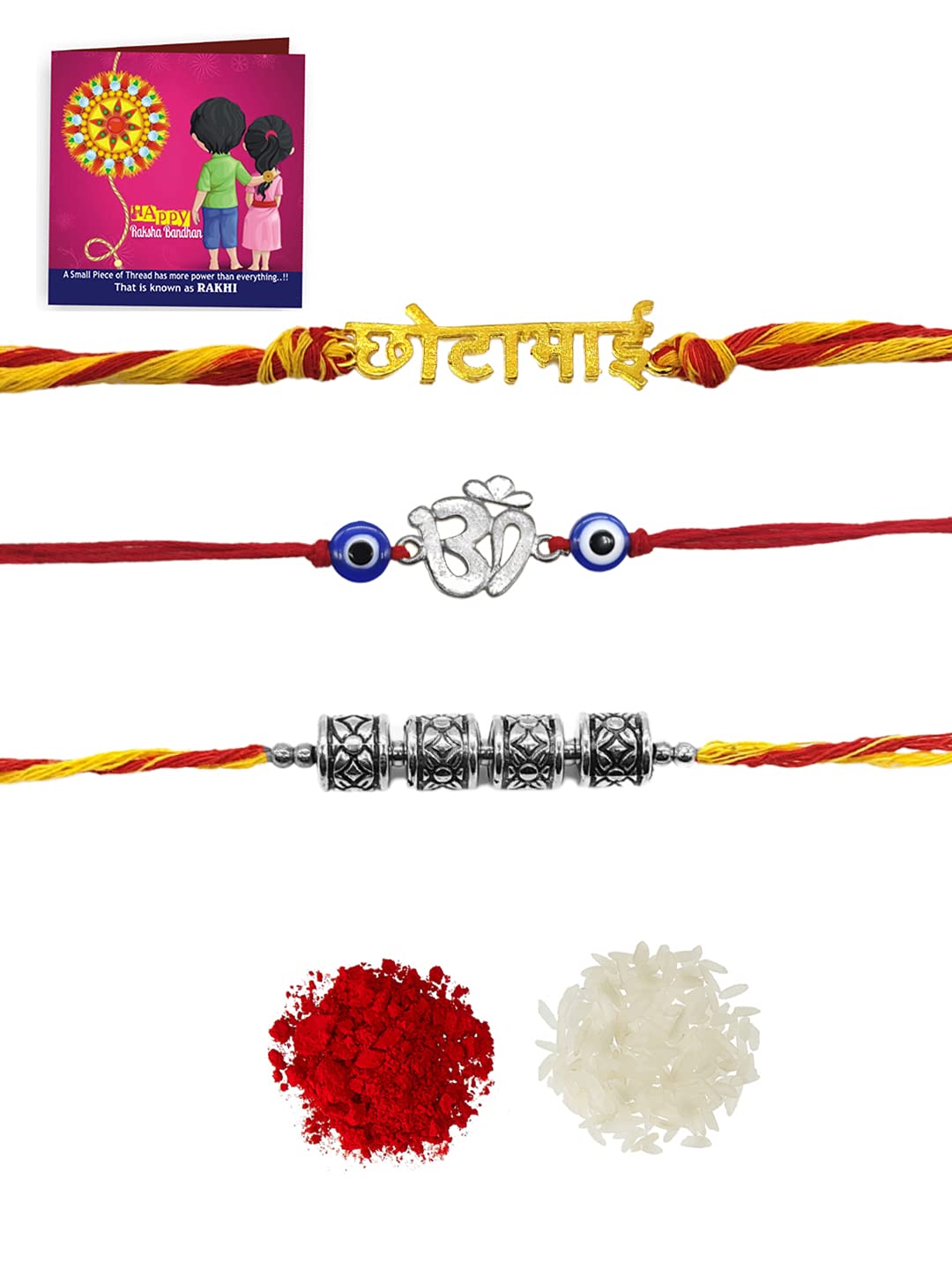 Yellow Chimes red and silver rakhi - Family gathering gift