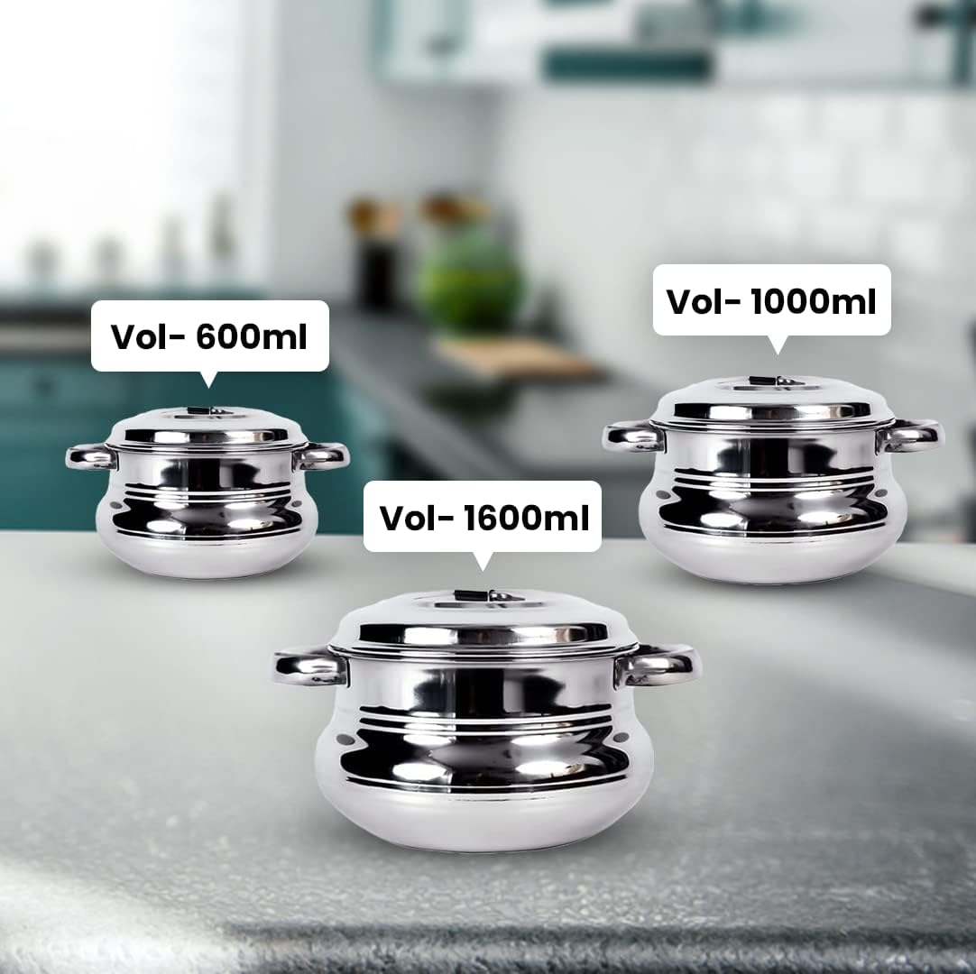 Kuber Industries Stainless Steel Handi Casserole Set of 3 with Lid|Cook and Serve|600 ml, 1 Litre, 1.6 Litre Capacity|Biryani Handi, Saucepan, Silver|Patila/Tope for Kitchen Combo of 3 (Pack Of 6)