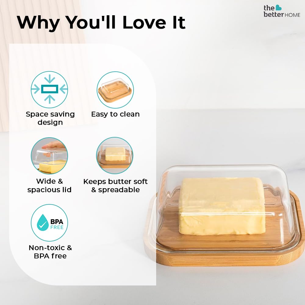 The Better Home Butter Dish with Bamboo Lid Stick Butter Holder|Borosilicate Glass Container for Storage Butter| GlassButter Tray Container | Butter DishTray - Pack of 2