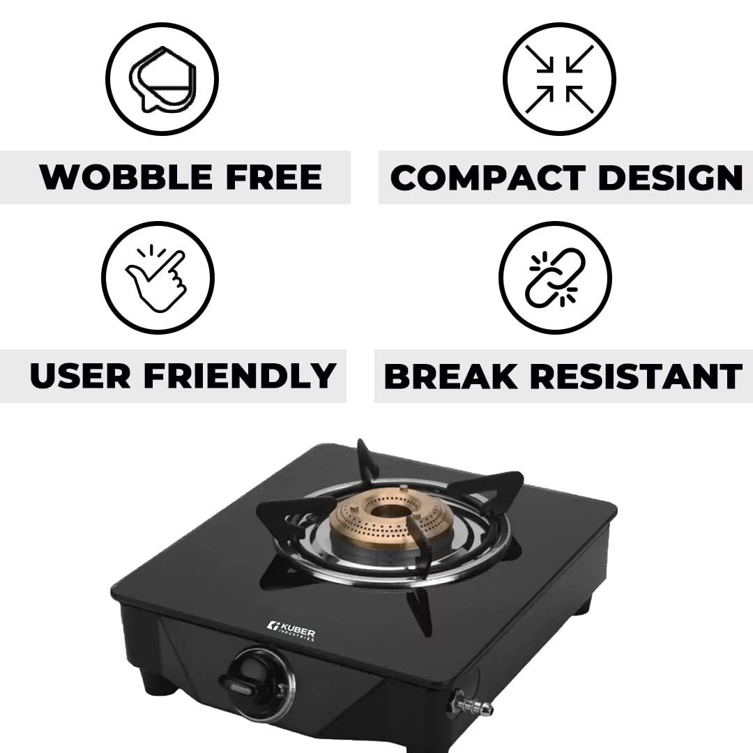 Gas Stove 1 Burner - Wobble Free Pan Support, Break Resistant | Compact Design | 27 x 27 x 12 CM | Black