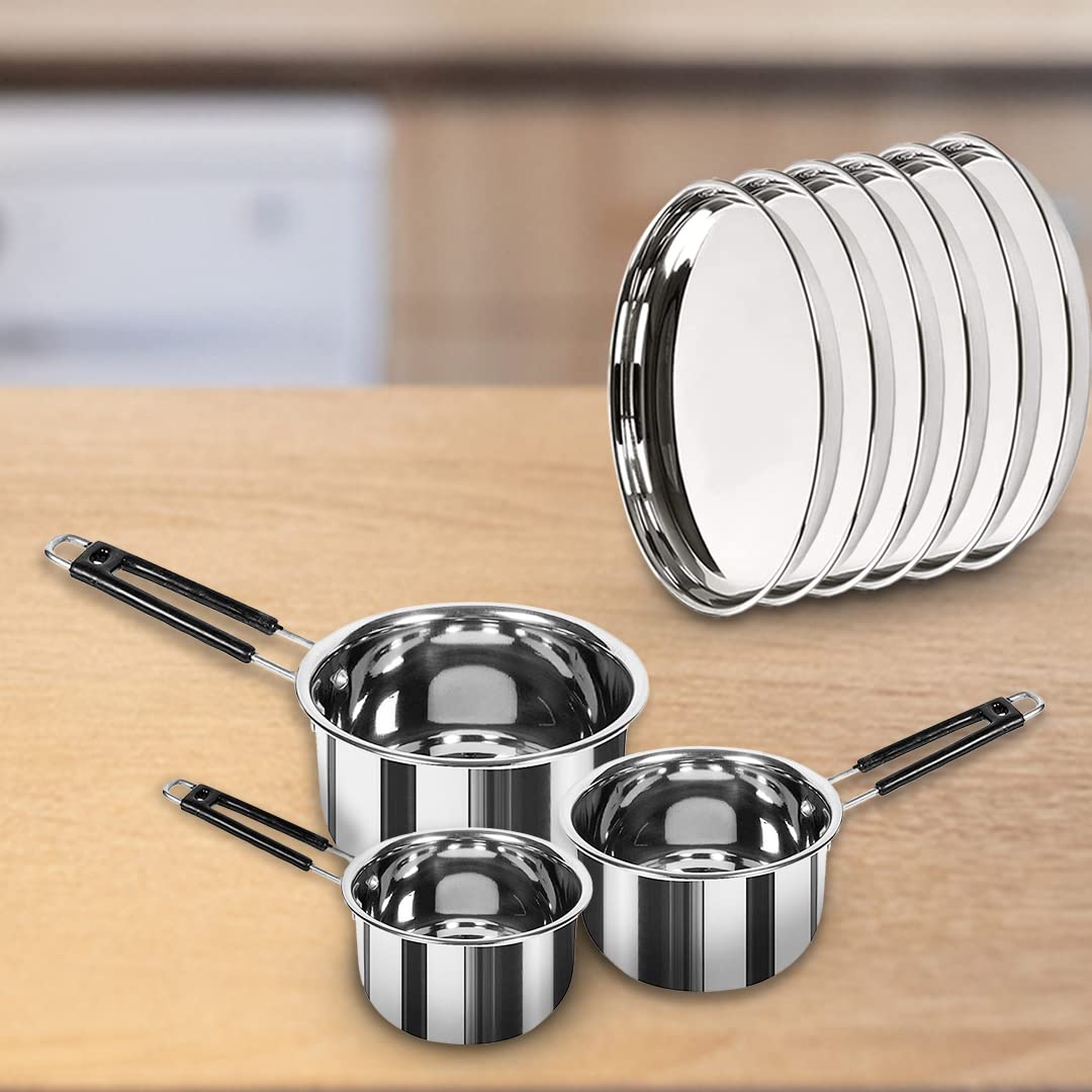 Combo: Dinner Plates Set of 6 & 3-Piece Sauce Pan - Heavy-Duty Stainless Steel | Color: Silver