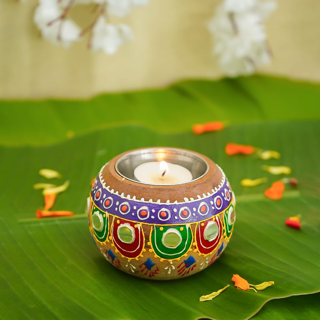 Ekhasa Wooden Tealight Candle Holder for Home Decor | Candle Stand for Diwali Decoration and Table Decor | Indoor and Outdoor Festival and Decorative Candles Gift Items (Handpainted Wooden)