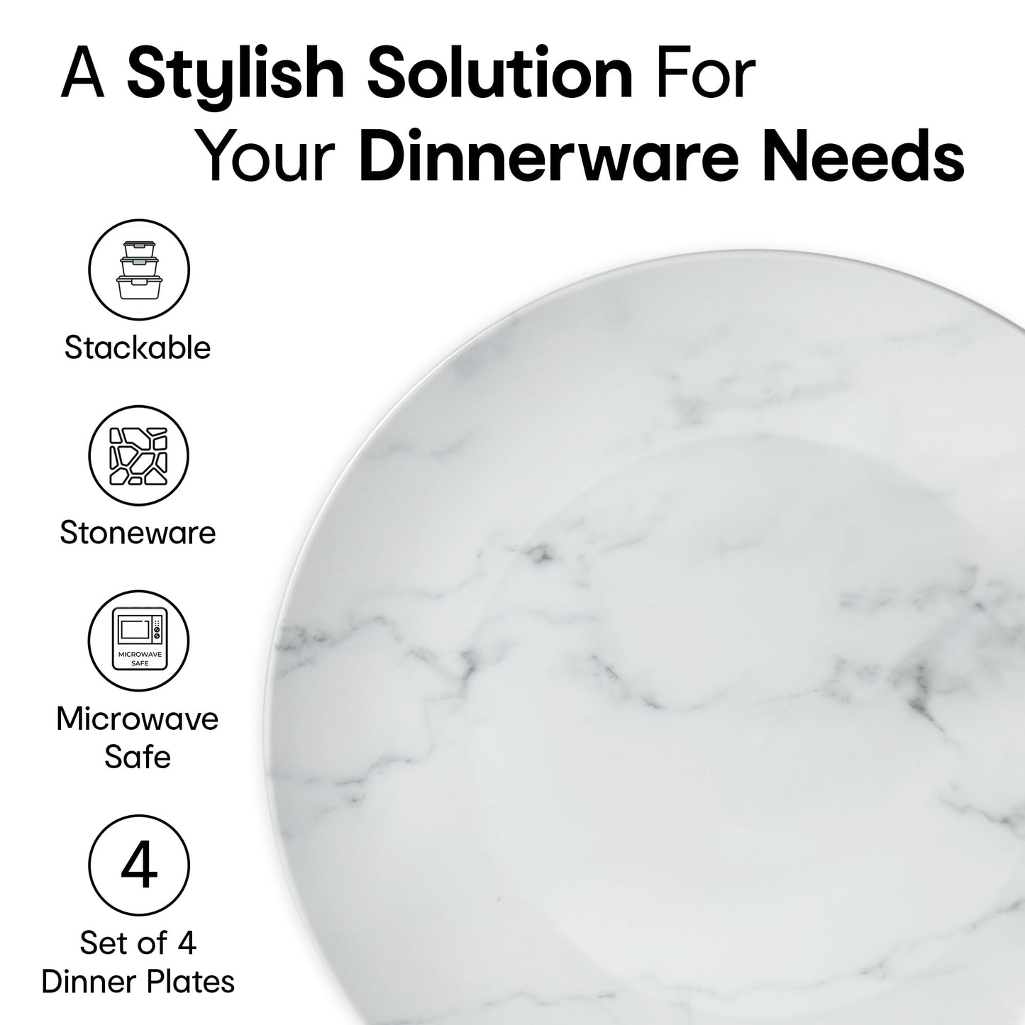 Anko Marble Look Porcelain Dinner Plate - Set of 4 | Light-weight daily use premium crockery for dining table, home, restaurant, gifting | Aesthetic designer dinnerware full | 10", White