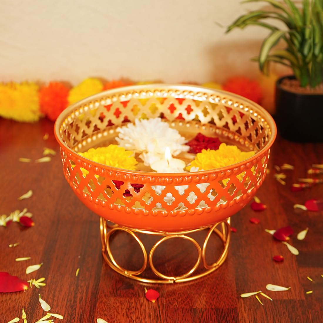 Ekhasa Orange Urli Bowl with Stand for Home Decor & Table Decoration | Floating Flowers, Tealight Candles Water Bowl for Diwali Pooja & Other Festivals | Gift for Various Occasions