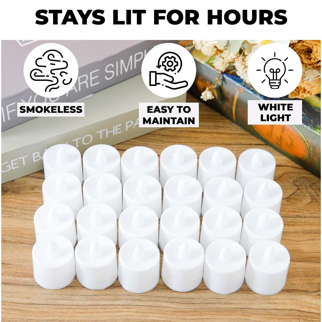 Kuber Industries LED Tea Light Candles for Home Decor |Battey Operated |Yellow Light |Safe & Easy to Maintain |Diwali Lights for Decoration Festivities & Parties|BO-051702A|White|Set Of 24 (Pack Of 2)