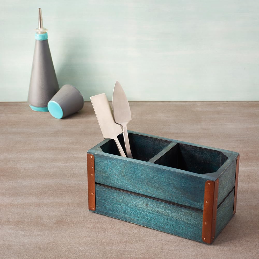 Ellementry Blue Wooden Cutlery Holder | Premium Spoon, Knife and Fork Stand for Dining Table | Wooden Multipurpose Spoons Organizer for Kitchen | Handcrafted Tableware Storage Box