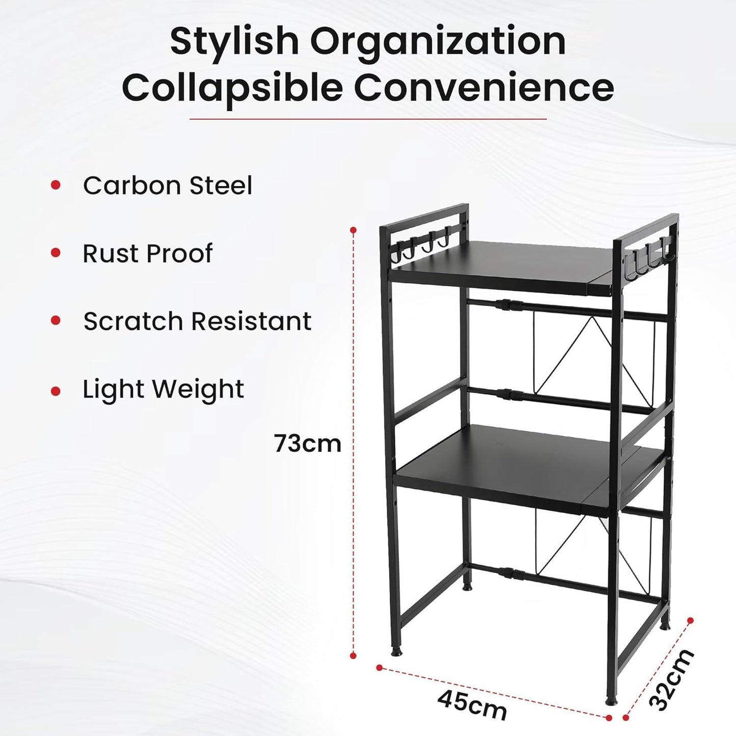 Kuber Industries 2-Layer Microwave Oven Rack|Telescopic Storage Rack|Microwave Shelf Stand With Hanging Hooks|Kitchen Counter Shelf Organizer Pack of 6 (Black)