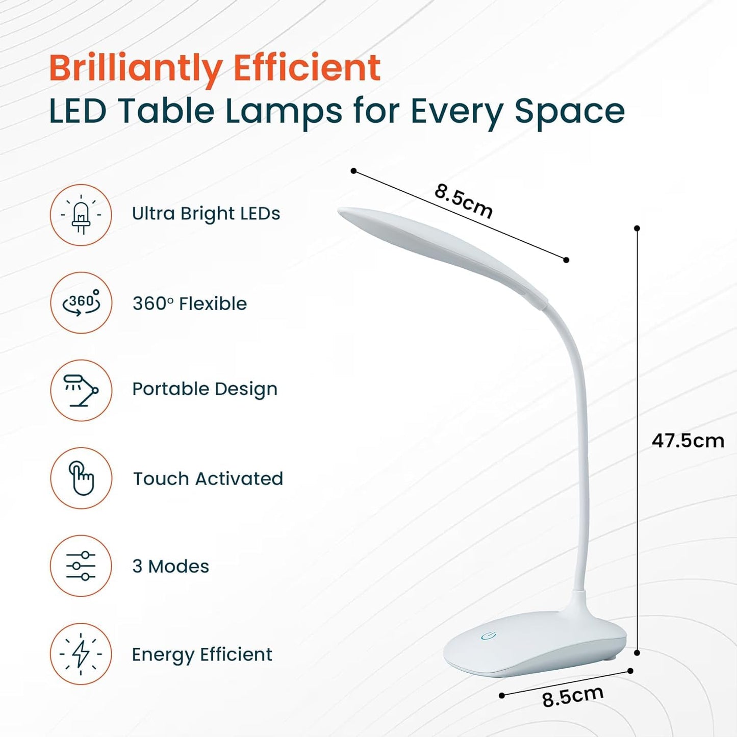 Pack of 5: Rechargeable Table Lamp with USB Plug-in | Battery Capacity: 1200mAh | Color: White