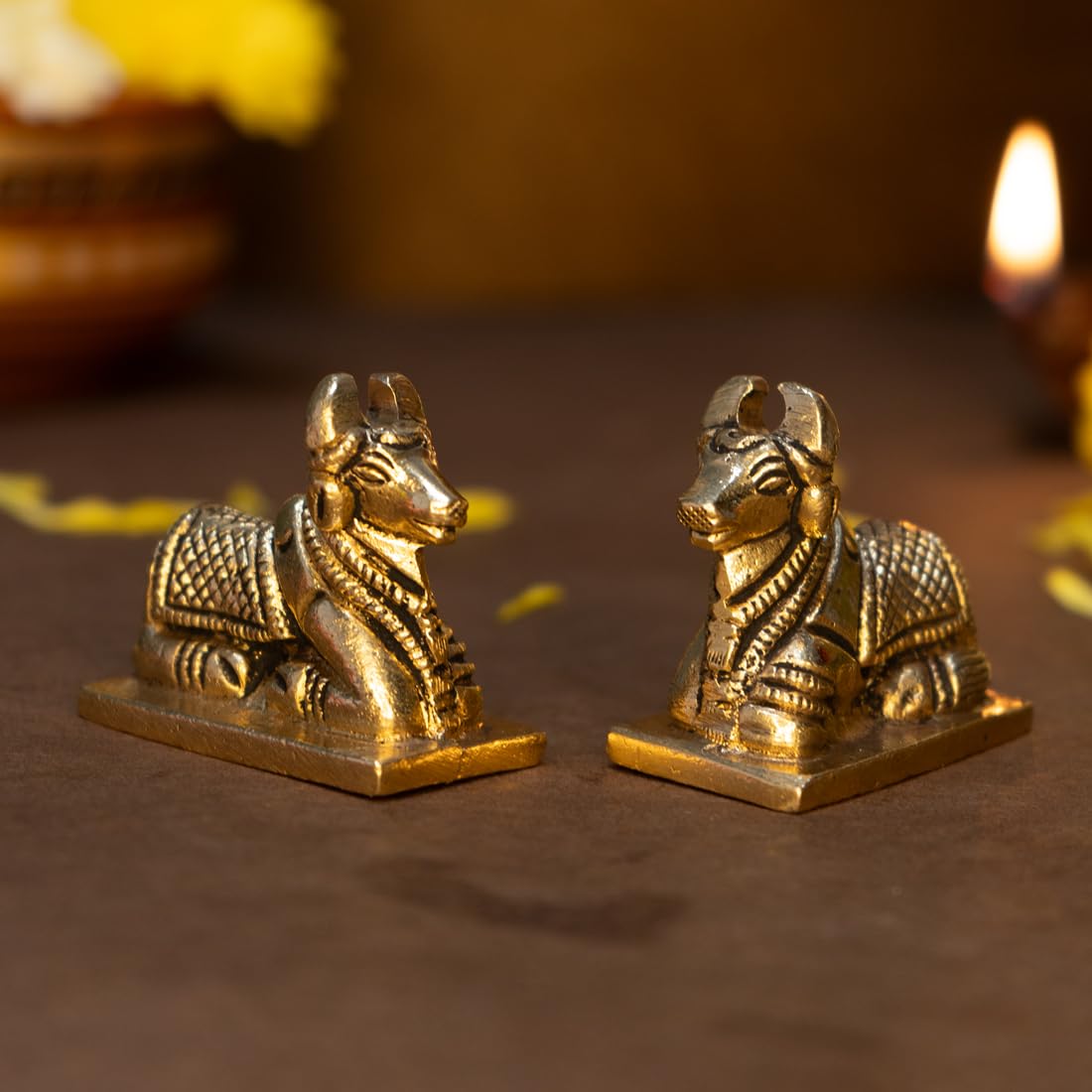 Set of 2: 100% Brass Nandi Cow Idols for Pooja | Traditional Home Decor | Gold | Ideal Housewarming Gift