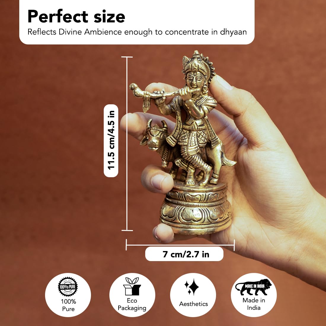 Combo: 100% Pure Brass Lord Krishna Idol with Flute & Tealight Holder | 12.8 cm | For Home Decor | Gold