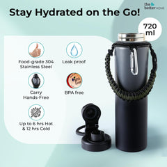 The Better Home Insulated Water Bottle for Gym Kids Office|Thermos Stainless Steel Vacuum Insulated Flask with Rope and Carabiner 18 hrs Hot Water Bottle for Boys and Girls | 750ml (Black-Grey)