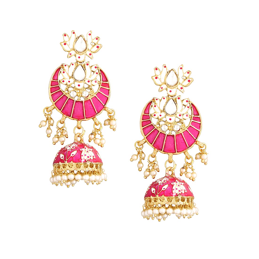 Yellow Chimes Pink Meenakari Jhumka Earrings - Elegant evening wear