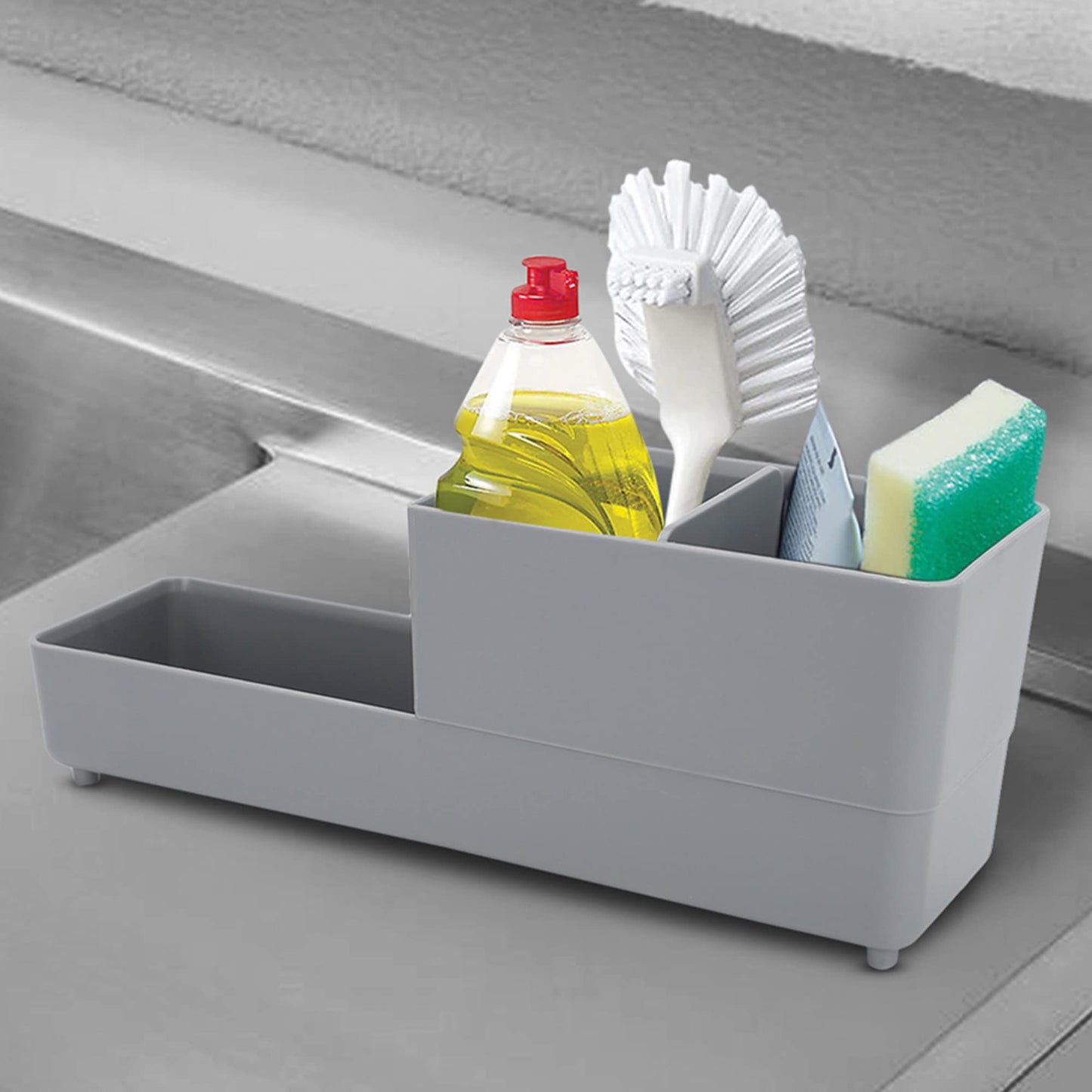 Anko Polypropylene (PP) Sink Tidy Organizer with Insert Divider for Kitchen | Small, Compact, Sturdy | | Grey | Sink Tidy: 11 Cm (H) x 29 Cm (W) x 9 Cm (D), Insert: 10.2 Cm (L) x 8.4 Cm (H) (1 Pc)