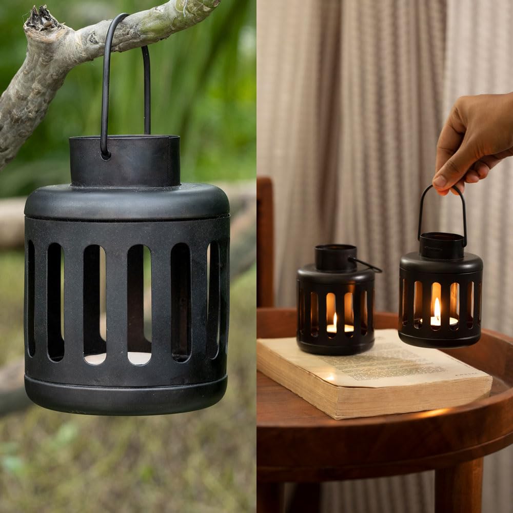 Ellementry Kuma Metal Round Lantern Set of 2 (with Tealight) | Candle Holder Stands for Balcony and Garden | Hanging Lamp for Home Decoration | Aesthetic Lalten for Vintage Christmas Decor and Gifts