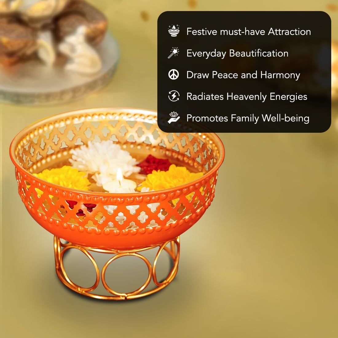 Ekhasa Orange Urli Bowl with Stand for Home Decor & Table Decoration | Floating Flowers, Tealight Candles Water Bowl for Diwali Pooja & Other Festivals | Gift for Various Occasions