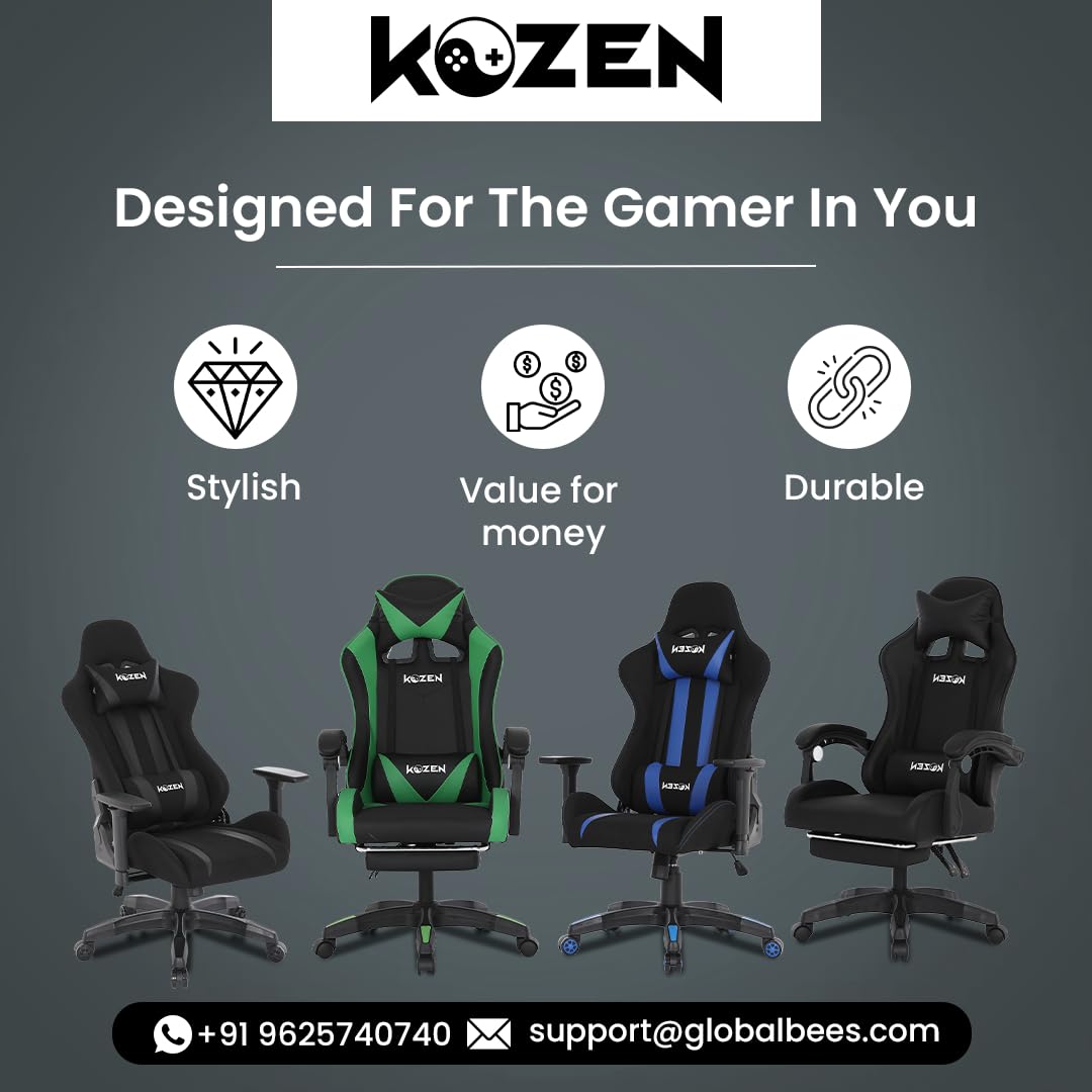 KOZEN Diablo Gaming Chair - Ergonomic, 180° Recline | Adjustable Neck Pillow & Lumbar Support | Blue (Black)