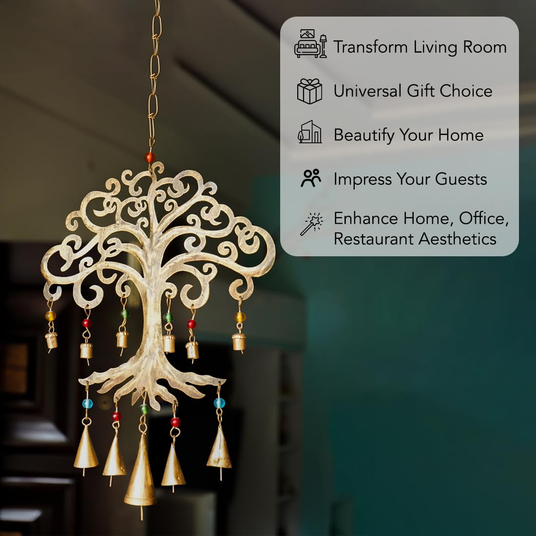 Metal Wind Chimes - Tree of Life Design | Easy to Install | Standard Size | Gold Brass Finish