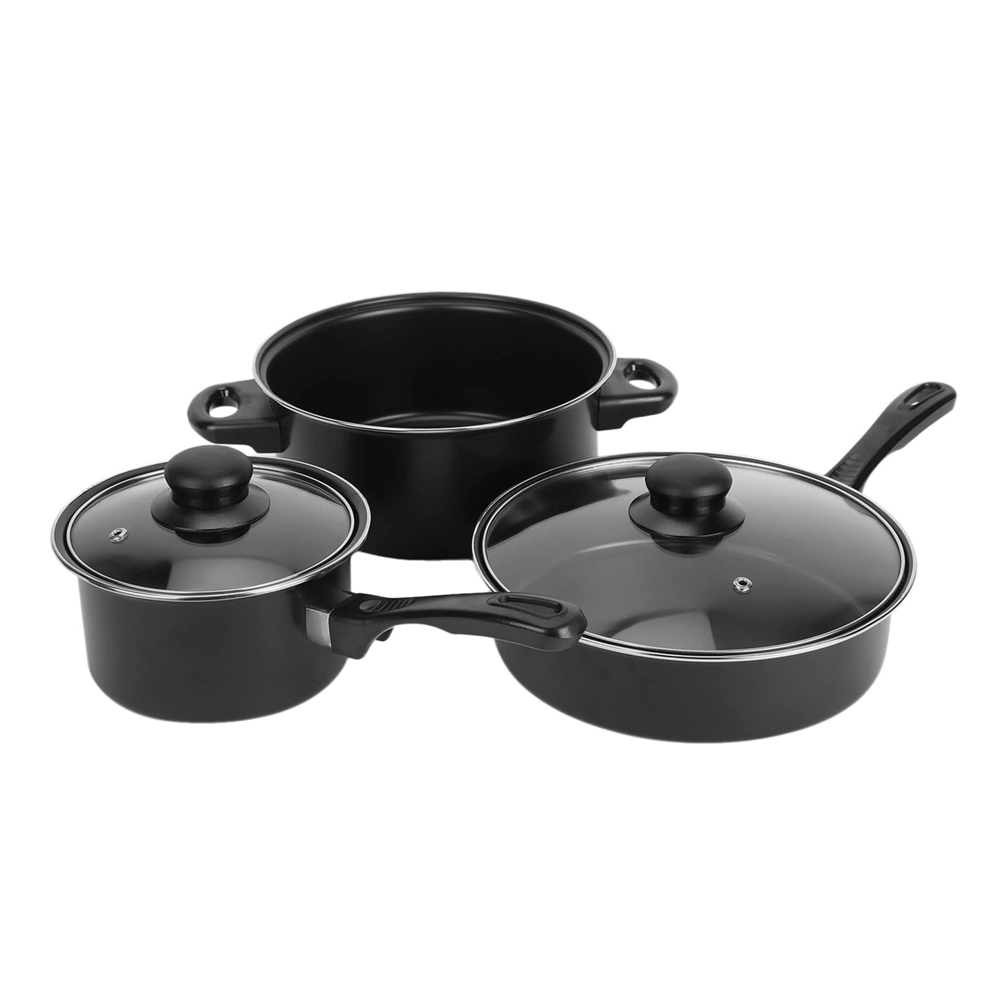 Anko Non-Stick Carbon Steel Cook Set Of 3 Xylan Coating Electric, Gas, Ceramic, Halogen Cooktop Pfoa Free Fry Pan: 24 Cm (D), Glass Lid Casserole: 24 Cm Dia, Glass Lid Saucepan: 16Cm Dia, Black