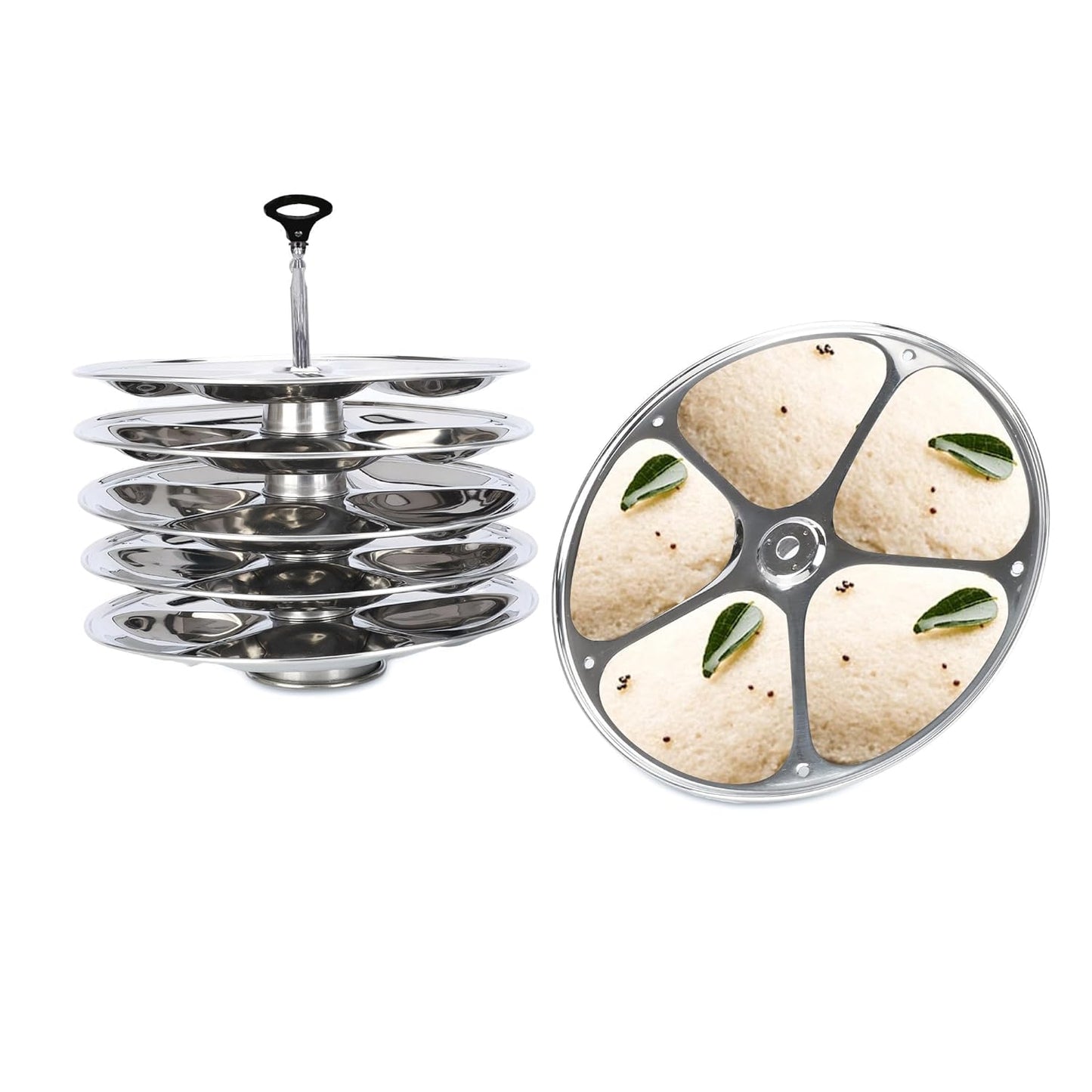 USHA SHRIRAM Stainless Steel Idli Plates Set: Round Plates (6-48 Idlis) & Triangle Idli Plates (6-30 Idlis) -Removable Plates | Bakelite Handle with Cool Grip | (Pack of 2)