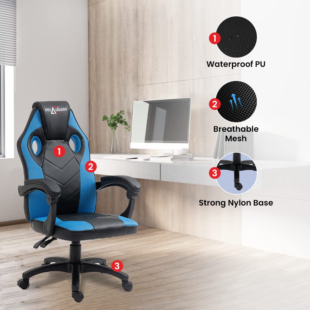 Ergonomic Gaming Chair with Adjustable Lumbar Support, Height & Armrests | Modern Design | Blue