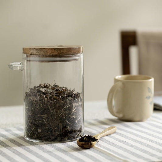 Glass Kitchen Canister with Wooden Lid & Spoon | Handcrafted, Food Safe | 700ml | Clear