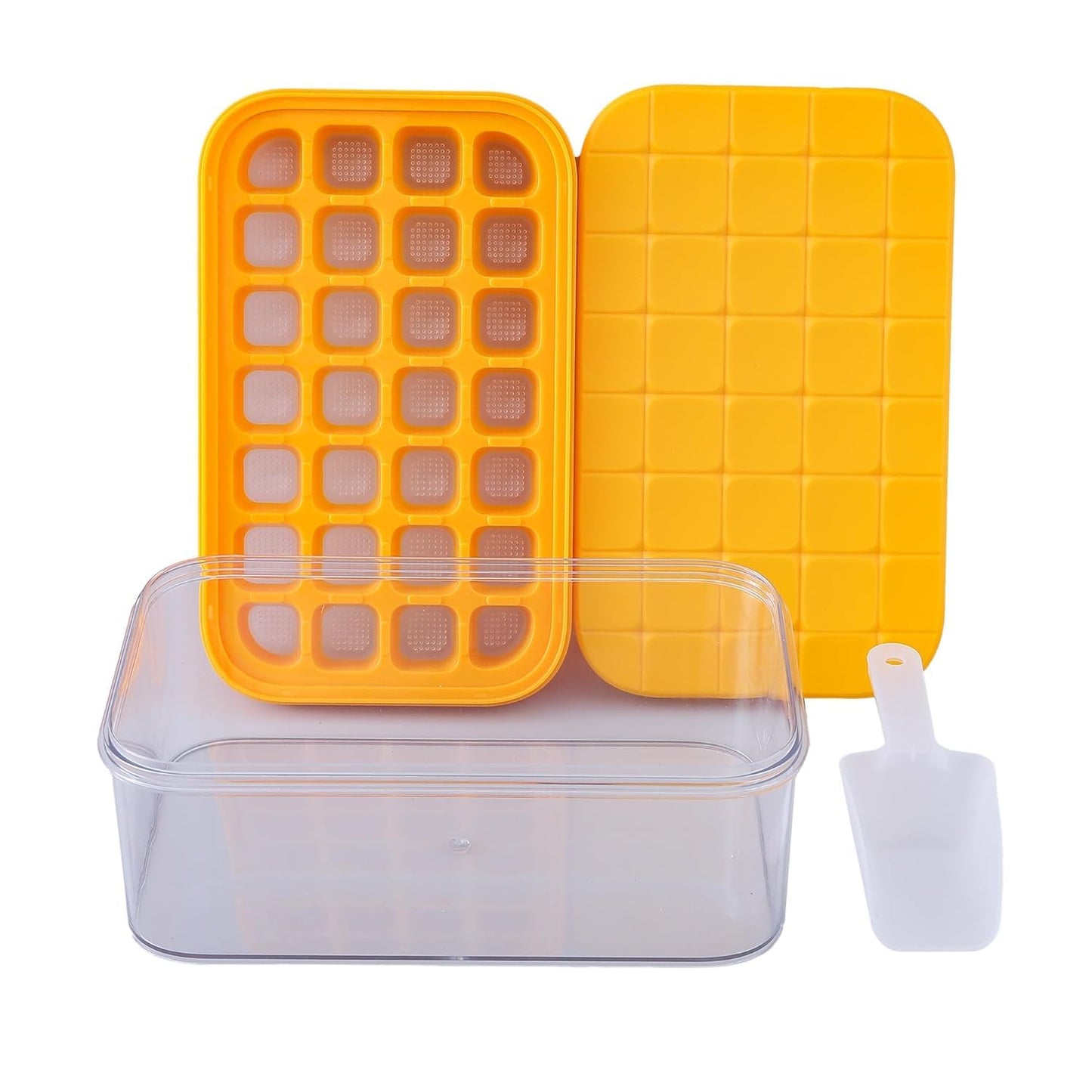 Kuber Industries 2 Layer Ice Cube Trays with Storage Box & Ice Scoop | 56 Compartments | One Press Demolding | Ice Cubes for Whiskey Cocktails Mocktails Soft Drinks | BPA Free | Orange