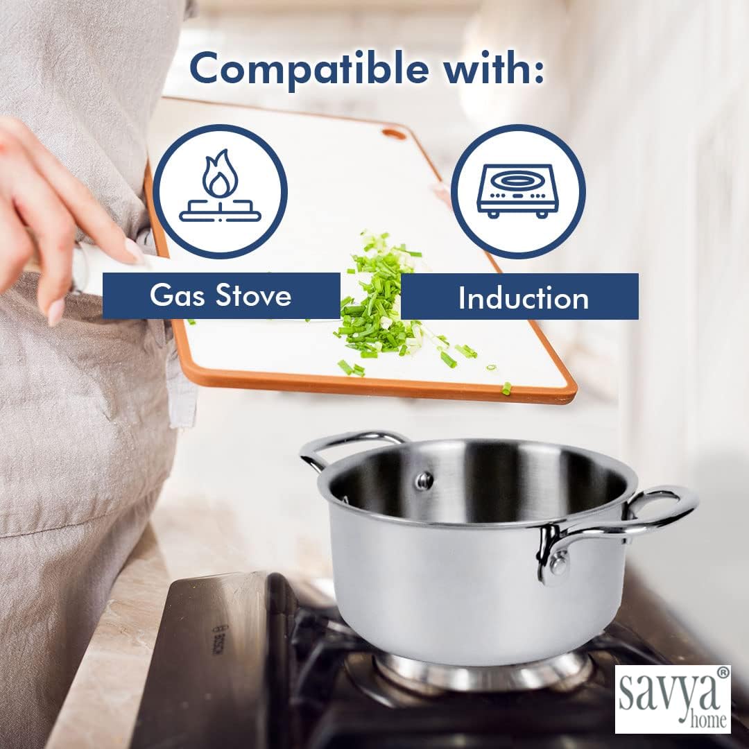 Savya Home Triply Stainless Steel Tope (Patila) with Lid | Handi Casserole with lid | 4L | 22 cm Diameter | 100% PTFE and PFOA Free | Gas Stove & Induction Cookware | Stainless Steel Cookware