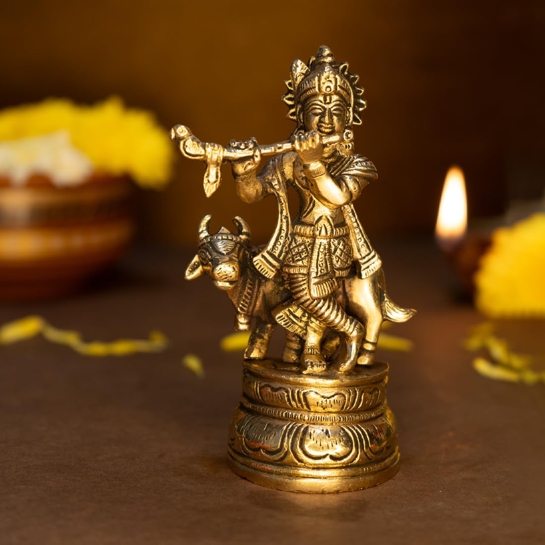 Combo: 100% Pure Brass Lord Krishna Idol with Flute & Tealight Holder | 12.8 cm | For Home Decor | Gold