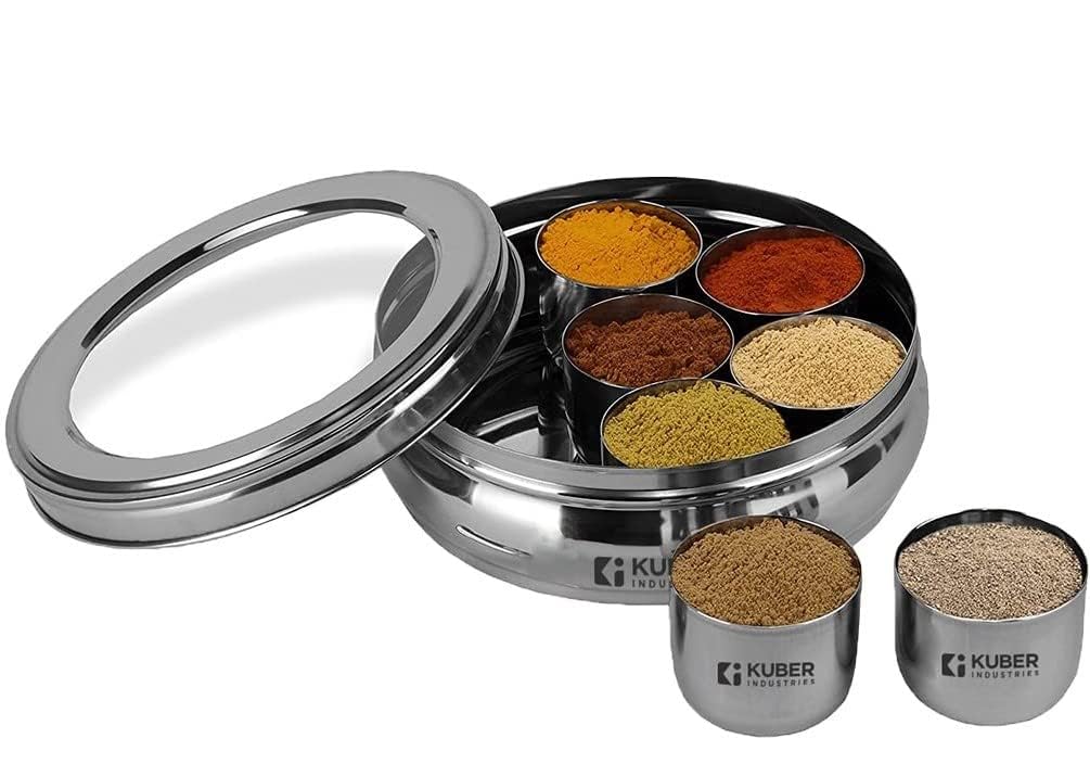 Pack of 4: Stainless Steel Belly Shape Masala Box - 7 Containers, Spoon, See-Through Lid | 1250 ml | Silver