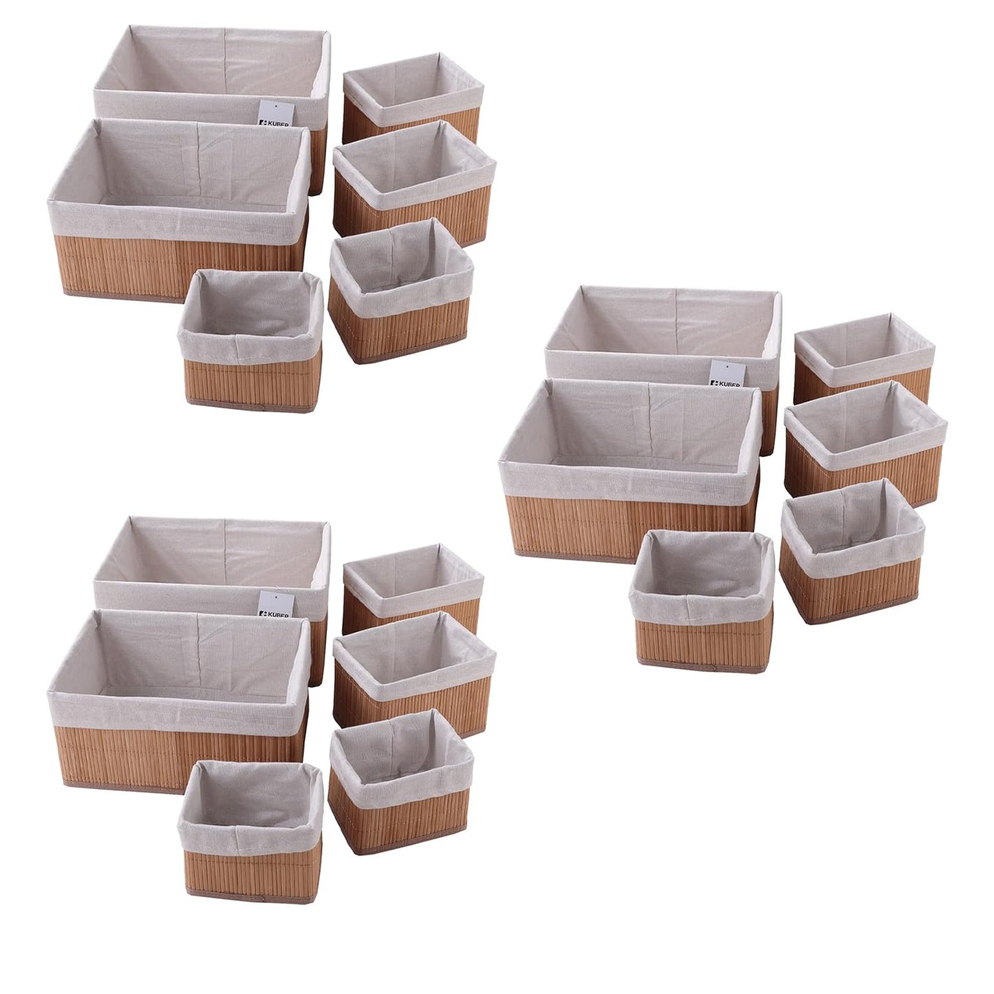 Pack of 6: Bamboo Storage Baskets with Liner | Foldable Organizers for Toiletries | Sizes: 14.9L-1.9L | Natural