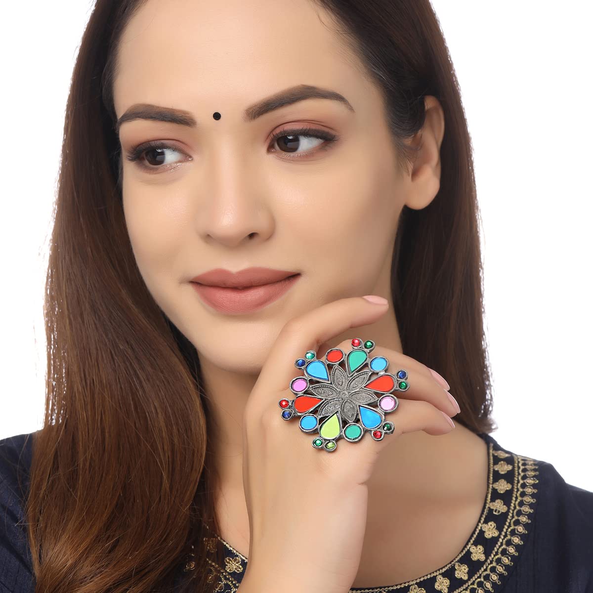 Yellow Chimes Multicolor Stone Ring - Party Outfit