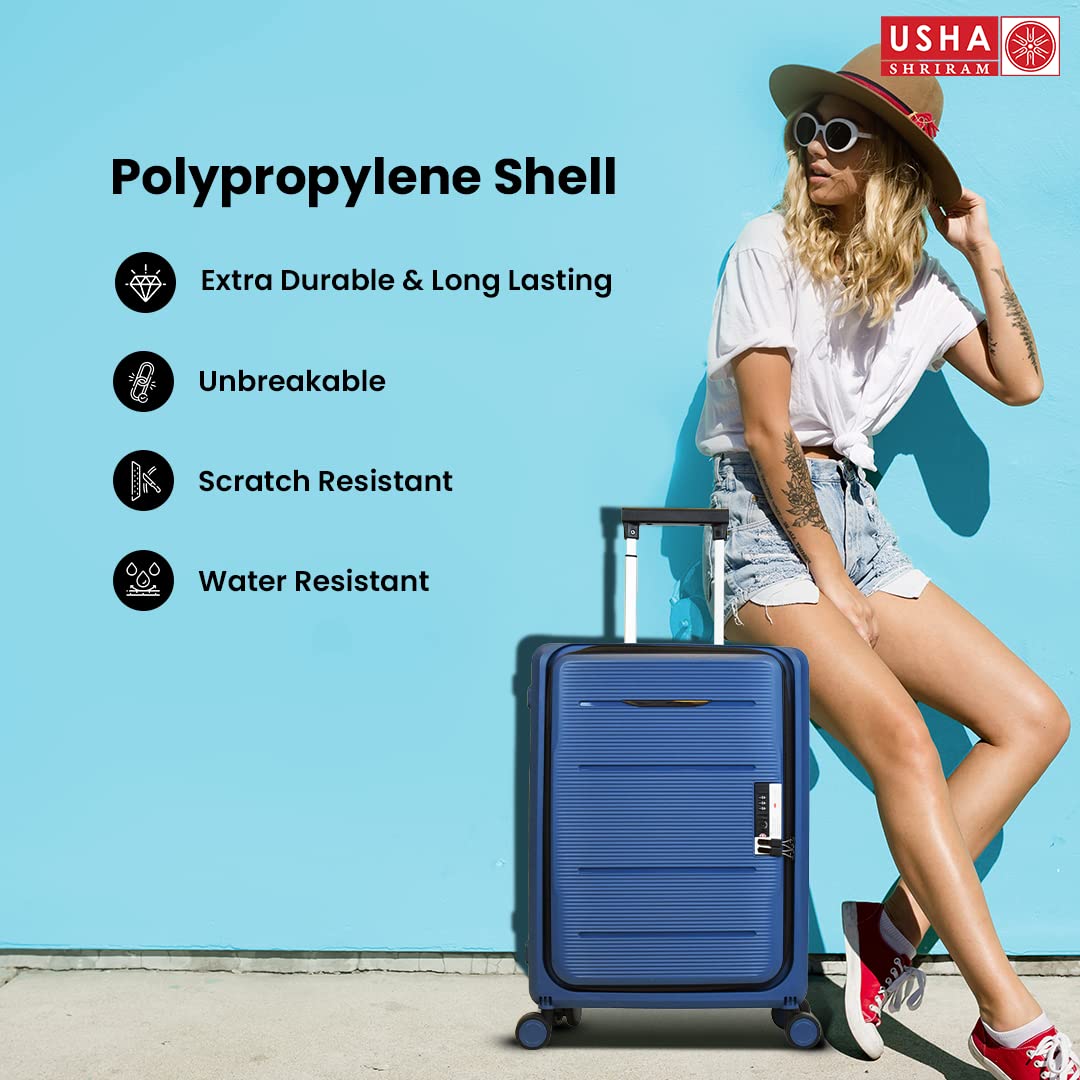 USHA SHRIRAM Cabin & Check-In Bag Combo (2Pcs - 55cm & 65cm) Collapsible Luggage Bag | Polypropylene | Navy | Suitcase For Travel | 360 Degree Wheel & Lock| Foldable Trolley Bag For Travel (Pack of 2)