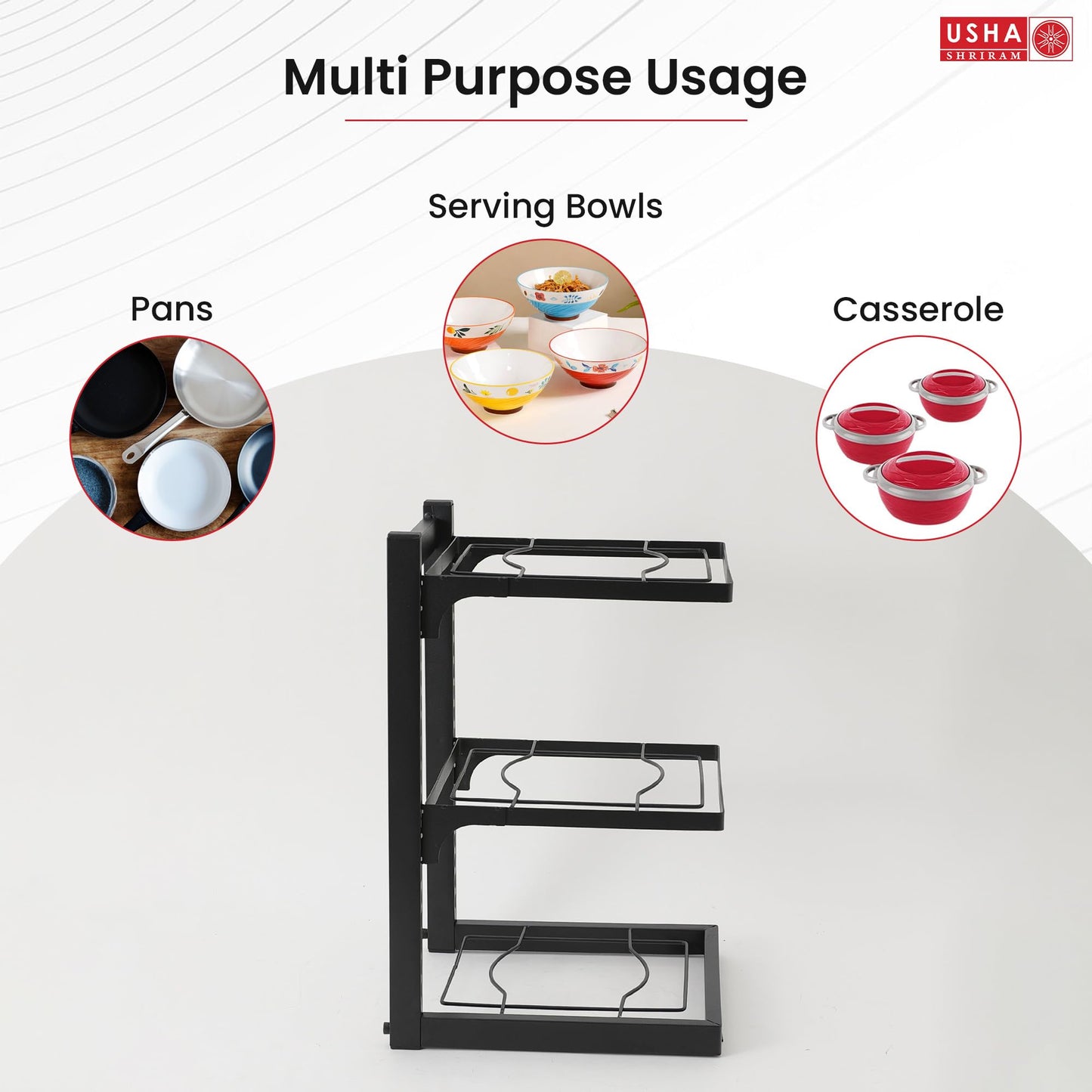 USHA SHRIRAM Carbon Steel | Dish Organiser For Kitchen | Kitchen Side Rack Organiser | Kadai Pan Organiser Rack For Kitchen | Kitchen Appliances Organiser | itchen Shelf Organiser (Pack of 1, 3 Layer)