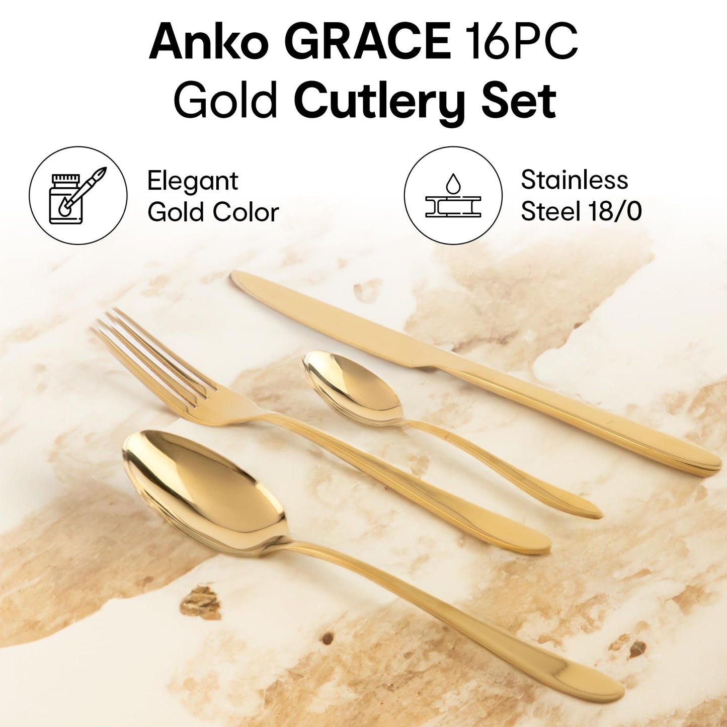 Anko 16 Piece Cutlery Set | Aesthetic Stainless Steel Tableware kit for 4 | Food Grade & Dishwasher Safe Kitchen Dining Utensil Collection | 4 Spoons, 4 Forks, 4 Knives, 4 Teaspoons | Champagne Gold