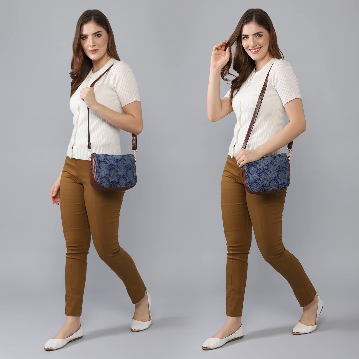 Single Shoulder Bag: Handicraft Fabric Tapestry Sling Bag with Floral Print | Crossbody Design | Blue