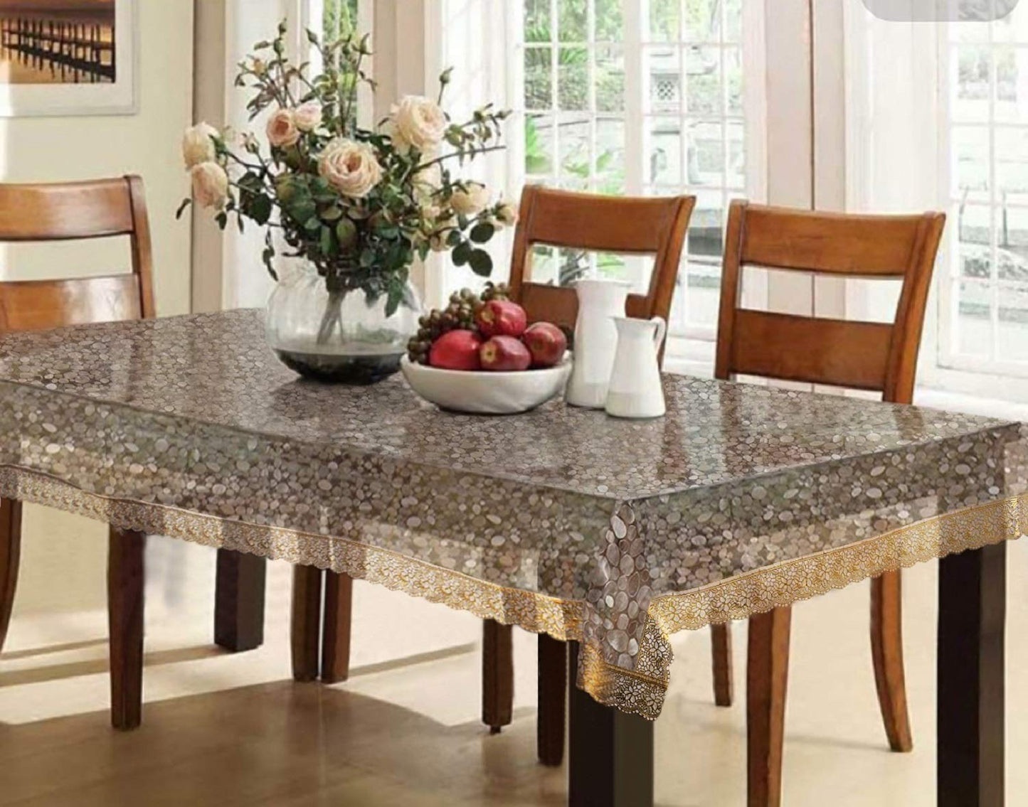 PVC Plastic Dining Table Cover - 3D Design, Smooth Finish | 60"x90" | Golden, Transparent | For Living Room