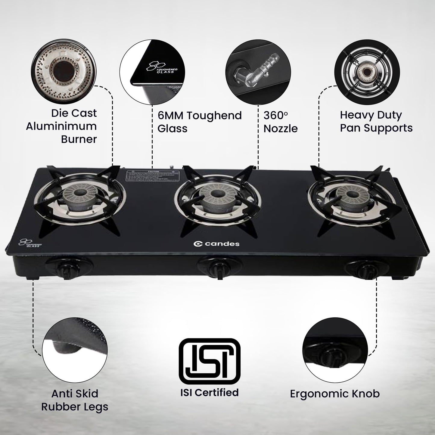 Gas Stove 3 Burners Auto Ignition with Toughened Glass & Tornado Burners | LPG Compatible | Black