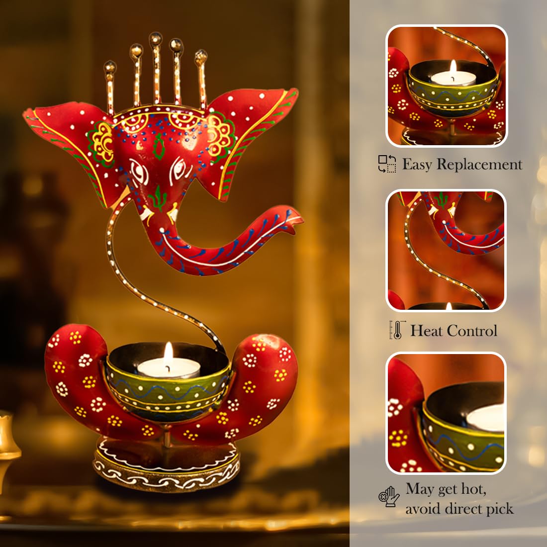 Ekhasa Handpainted Ganesha Metal Tealight Candle Holder for Home Decor | Perfect Candle Stand for Diwali Decoration and Table Decor | Festival & Parties Decorative Candles Gift Items