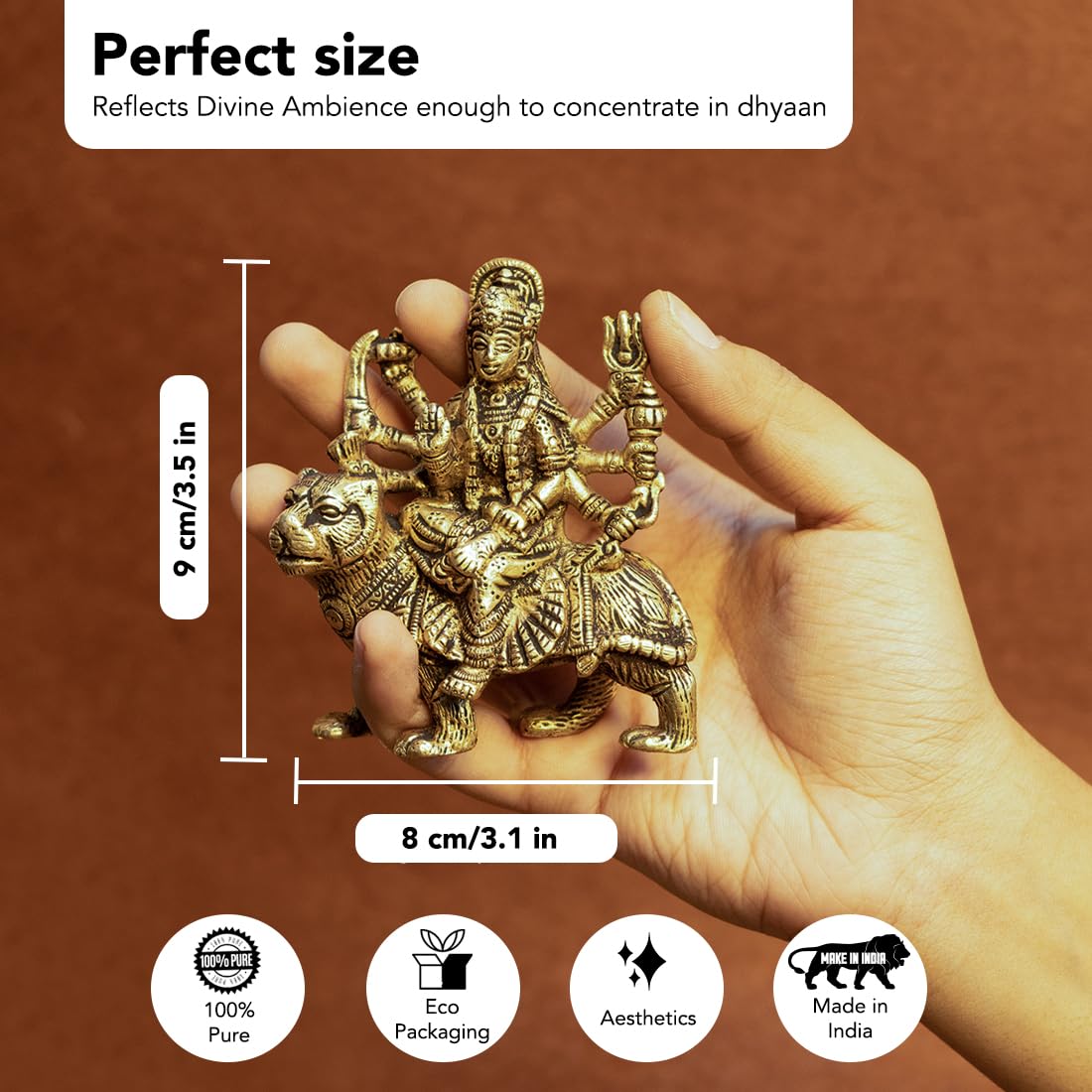 Combo: Pure Brass Durga Maa Idol & Tealight Candle Holder | Perfect for Home Decor & Office Desk | 12.8 cm | Gold