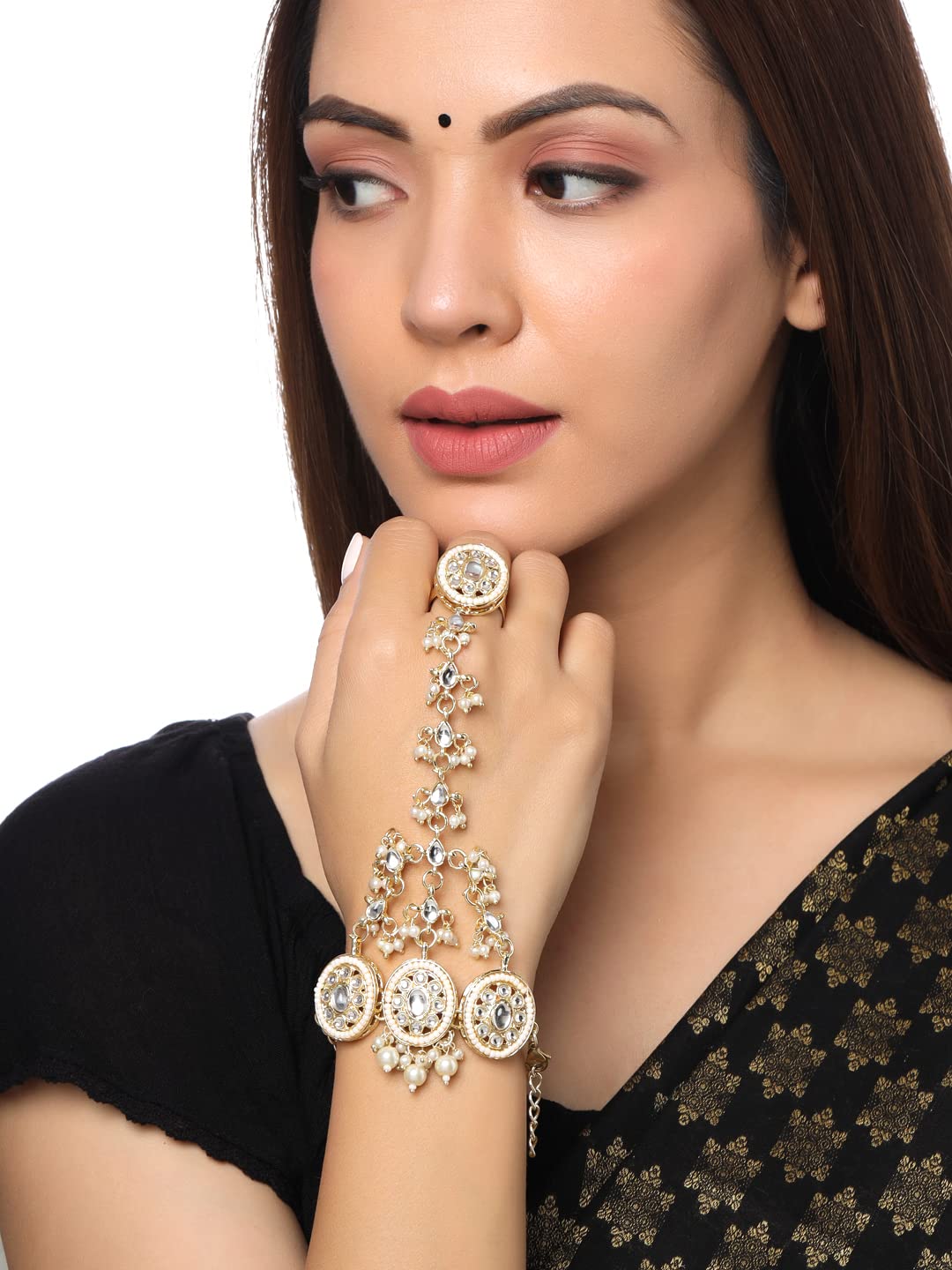 Yellow Chimes Haath Phool - Adjustable ring bracelet for special occasions
