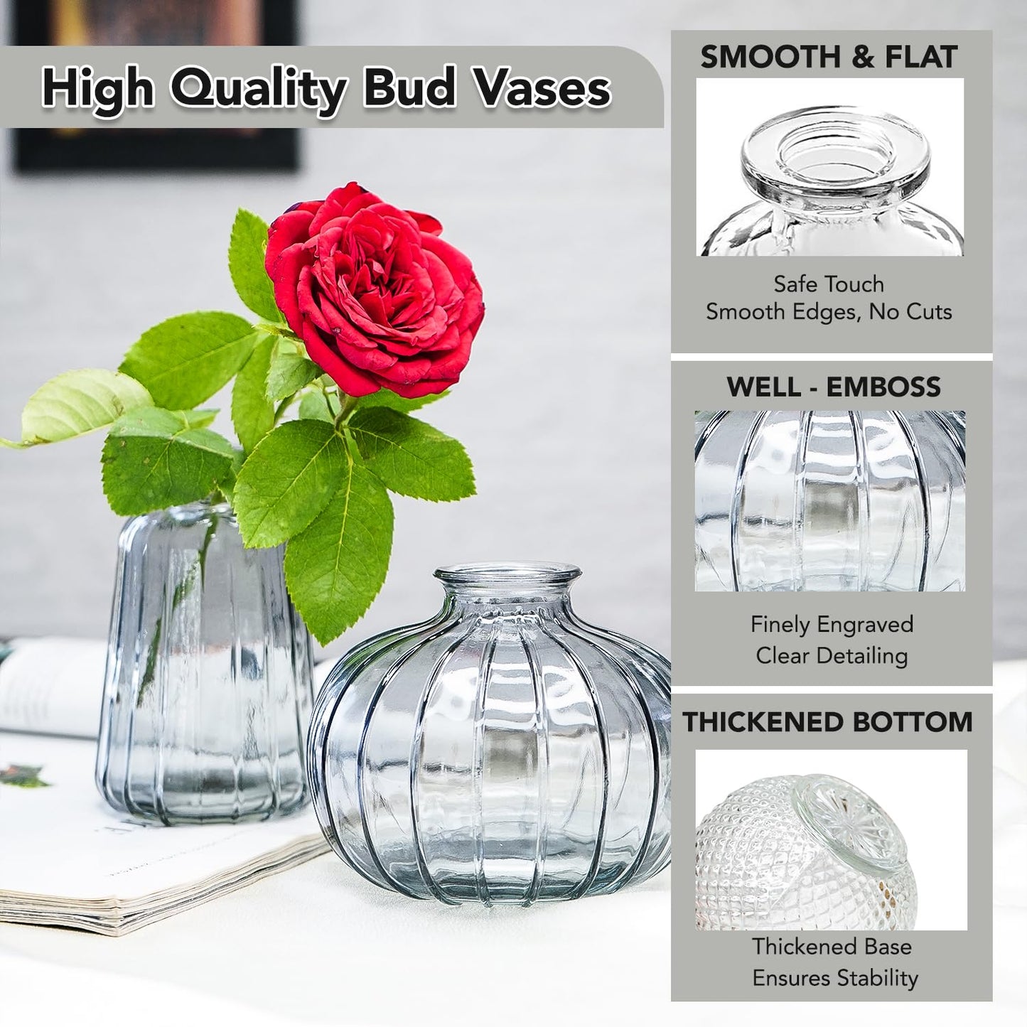 Ekhasa 100% Crystal Grey Glass Bud Vases Flower Pots for Home Decoration (Set of 3) | Center Table Mini Decorative Items | Transparent Glass Vase for Water Plants | Glass Planters for Indoor Plants