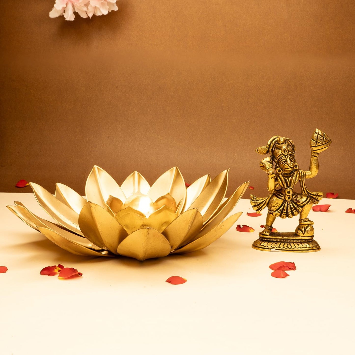 Combo: Brass Hanuman Idol & Tealight Candle Holder for Home Puja | 8.4 cm | Bajrangbali | Gold Finish