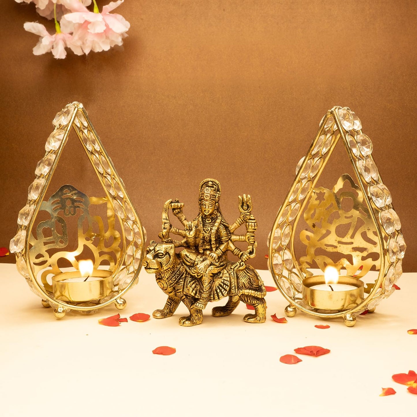 Combo: Pure Brass Durga Maa Idol & Tealight Candle Holder | Perfect for Home Decor & Office Desk | 12.8 cm | Gold