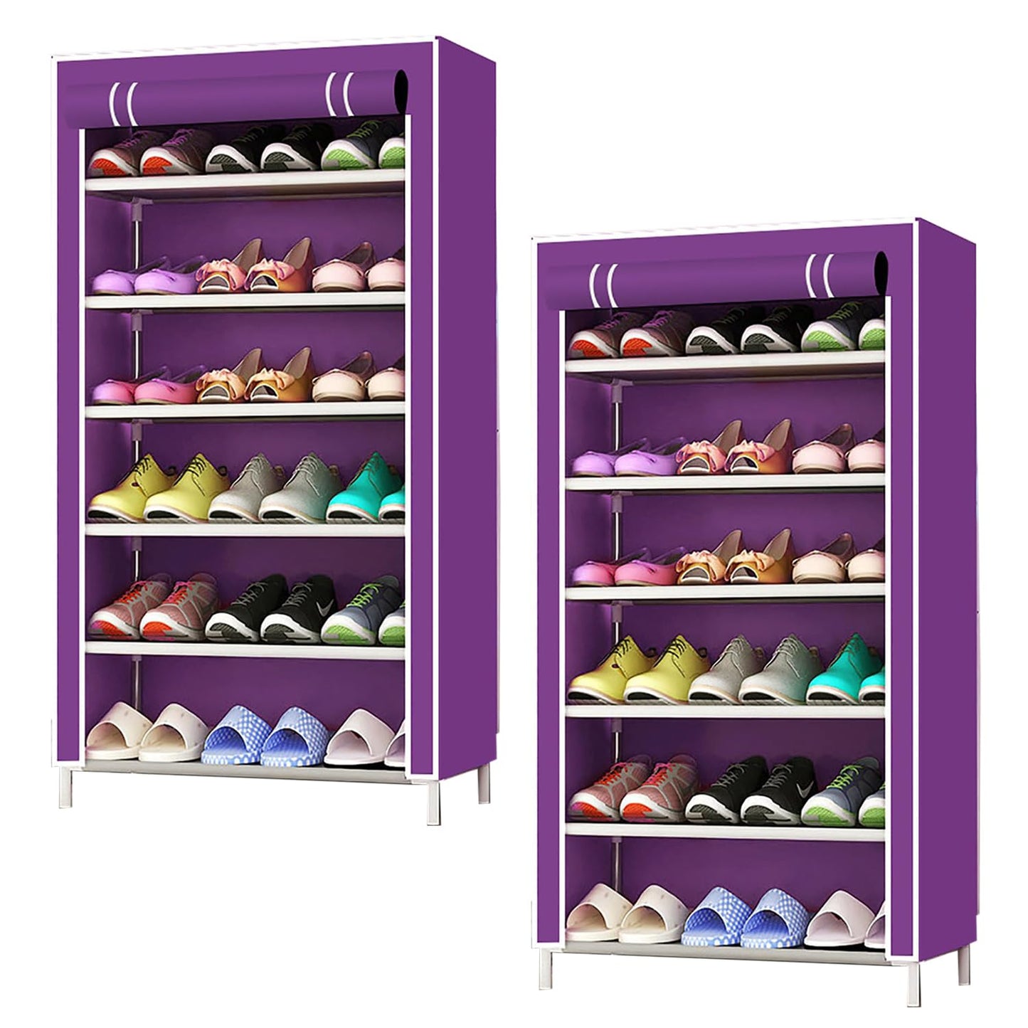 Pack of 2: Foldable Shoe Rack | 6 Non-Woven Shelves | Space-Saving Storage Organizer | Color: Purple