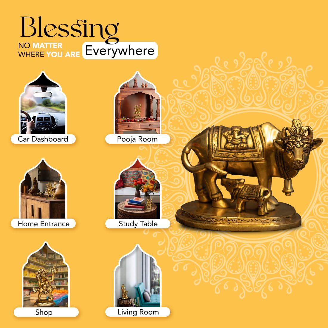 Ekhasa 100% Brass Kamdhenu Cow with Calf Vastu Idol | Komatha Cow with Calf statue for Pooja | Kamdhenu Cow and Calf Statue Idols for Home Decor, Vastu, Feng Shui and Pooja Room