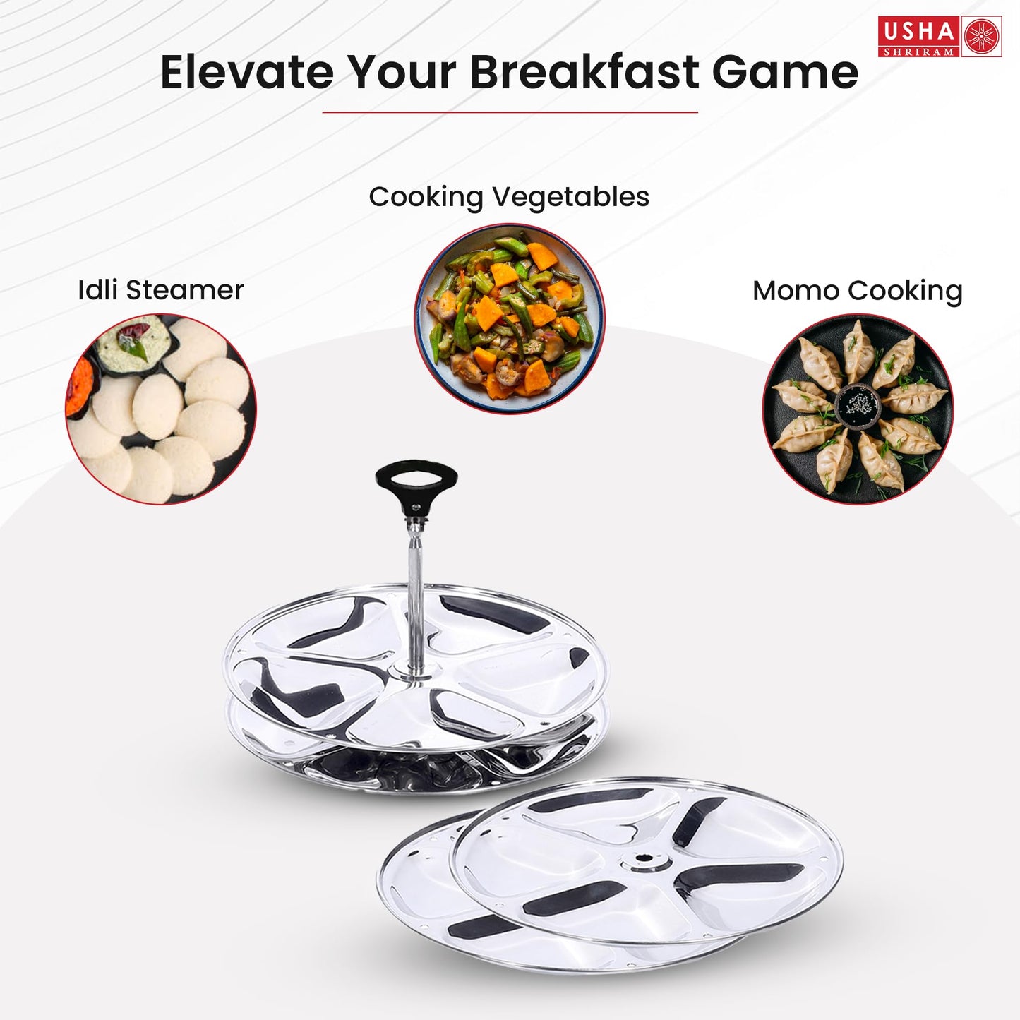 USHA SHRIRAM Stainless Steel Idli Plates (5 Cavities/Plate) | Idli Plates With Removable Bakelite Handle | Idly Stand For Cooker | Idli Stand | Thate Idli Maker | Idly Maker (4 Plate)